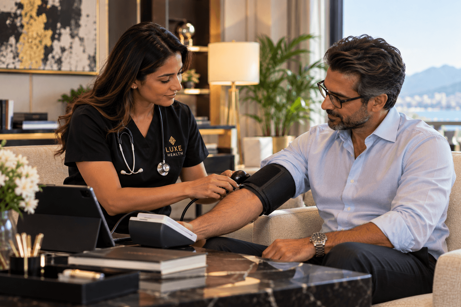 Physician taking blood pressure during an office executive medical