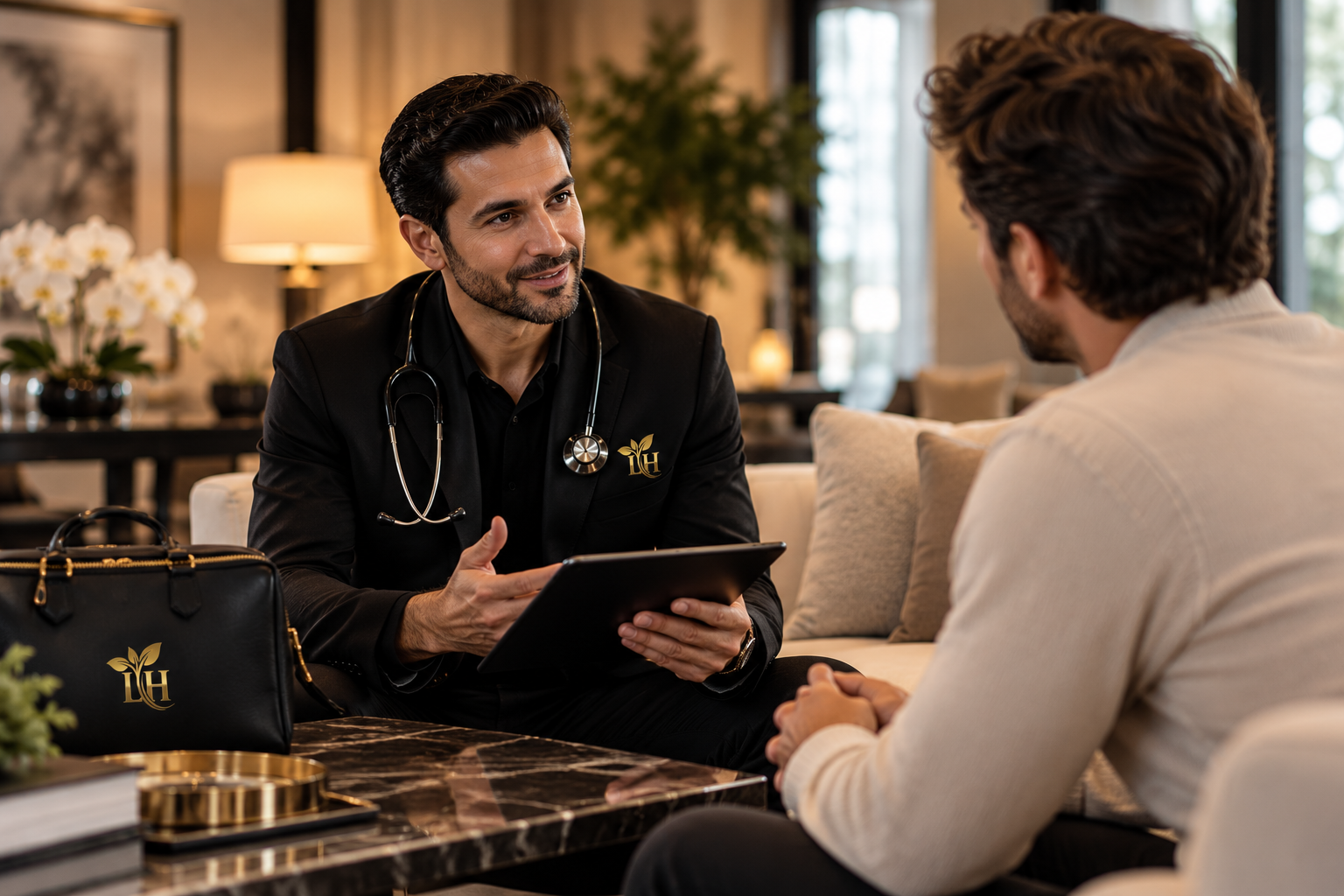 Physician holding a warm concierge medical consultation at home