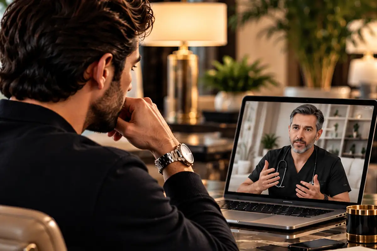Executive meeting a Luxe Health physician by laptop